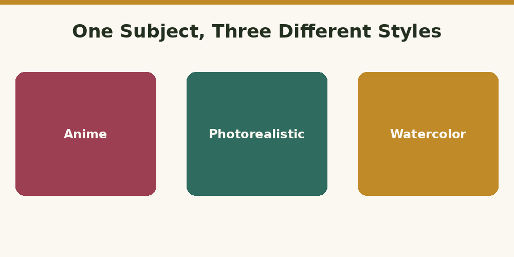 Illustration showing the same subject rendered in Anime, Photorealistic, and Watercolor AI art styles