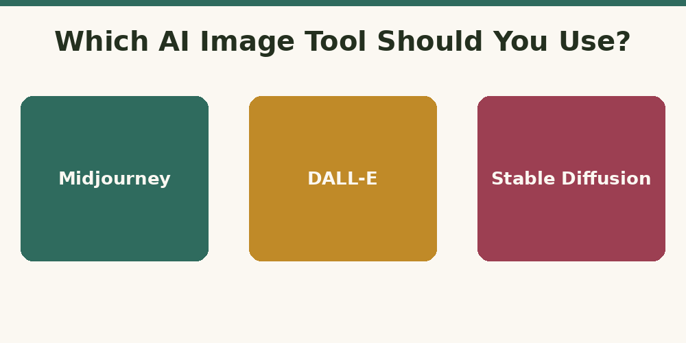 Comparison graphic showing Midjourney, DALL-E, and Stable Diffusion as an AI image generator lineup
